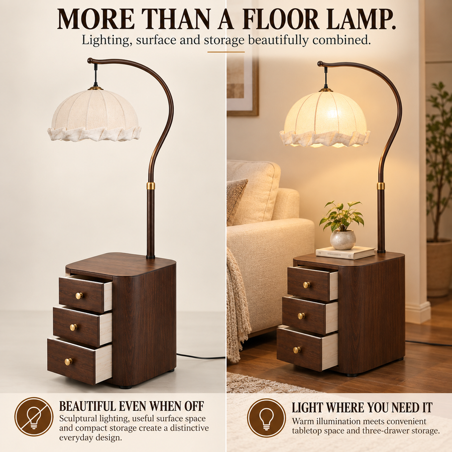 Coral Tree 3-in-1 Floor Lamp with Side Table & 3-Drawer Storage | Scalloped Fabric Shade | Dark Walnut Finish