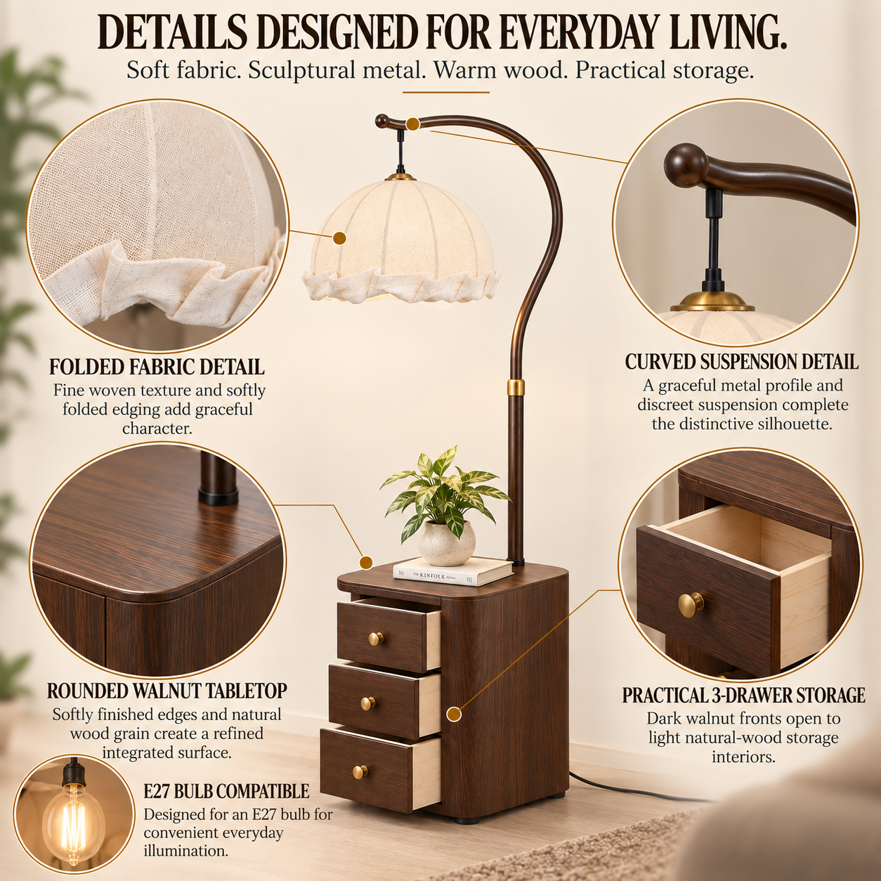 Coral Tree 3-in-1 Floor Lamp with Side Table & 3-Drawer Storage | Scalloped Fabric Shade | Dark Walnut Finish