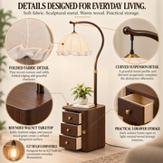 Coral Tree 3-in-1 Floor Lamp with Side Table & 3-Drawer Storage | Scalloped Fabric Shade | Dark Walnut Finish