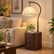 Coral Tree 3-in-1 Floor Lamp with Side Table & 3-Drawer Storage | Scalloped Fabric Shade | Dark Walnut Finish