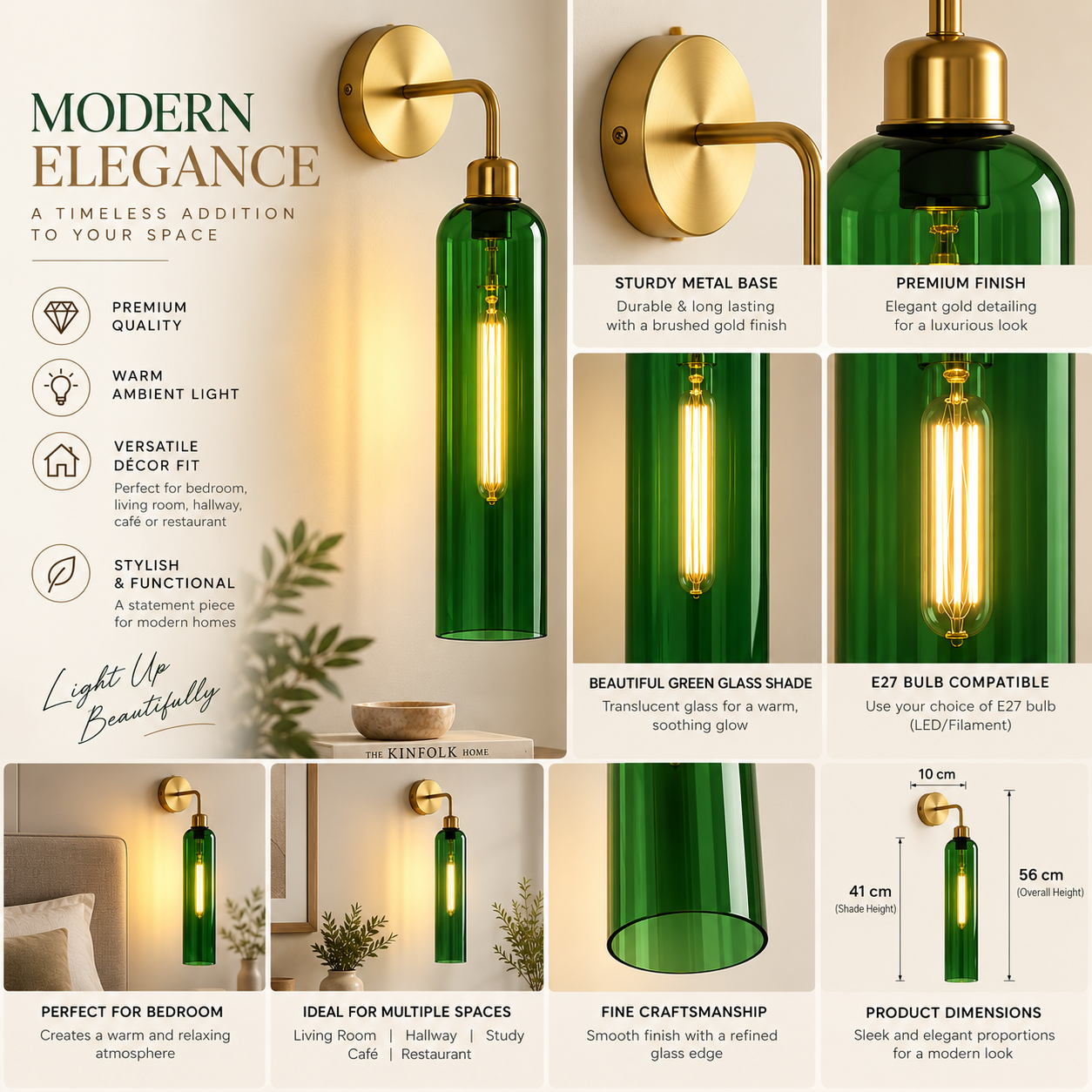 Modern Brass Wall Light with Emerald Green Glass | T30 Tube Bulb | H56 × W10 × D21 cm