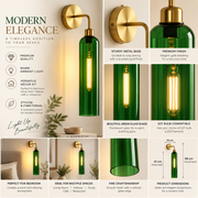 Modern Brass Wall Light with Emerald Green Glass | T30 Tube Bulb | H56 × W10 × D21 cm
