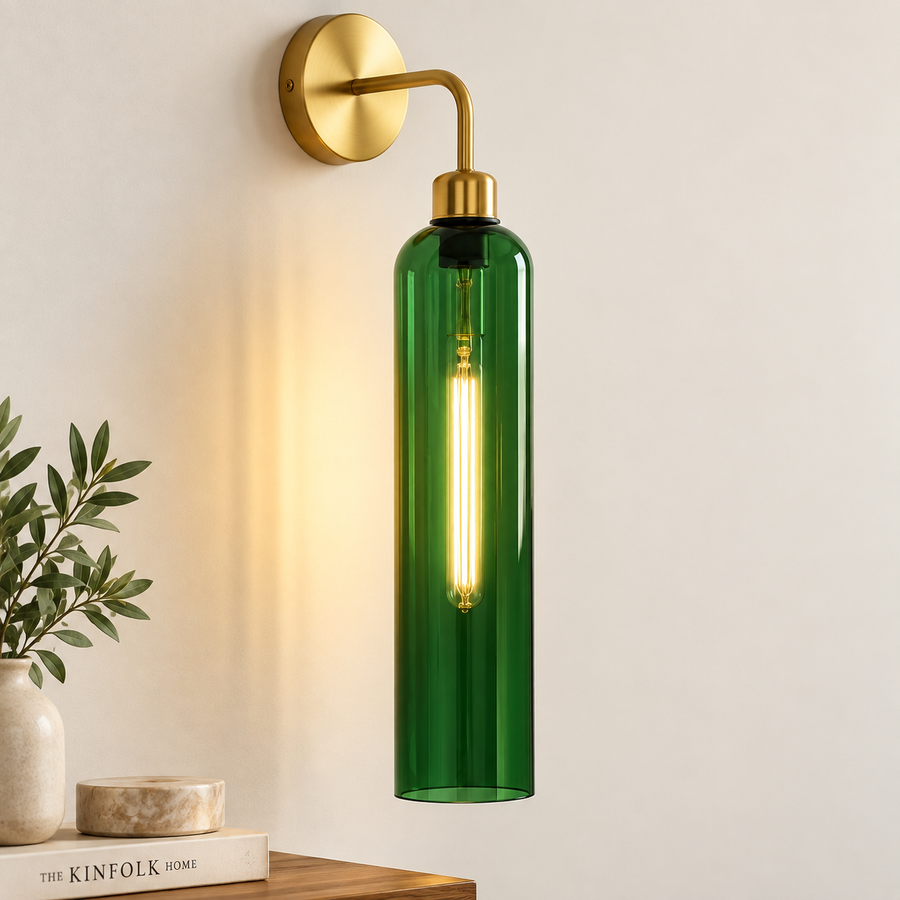 Modern Brass Wall Light with Emerald Green Glass | T30 Tube Bulb | H56 × W10 × D21 cm