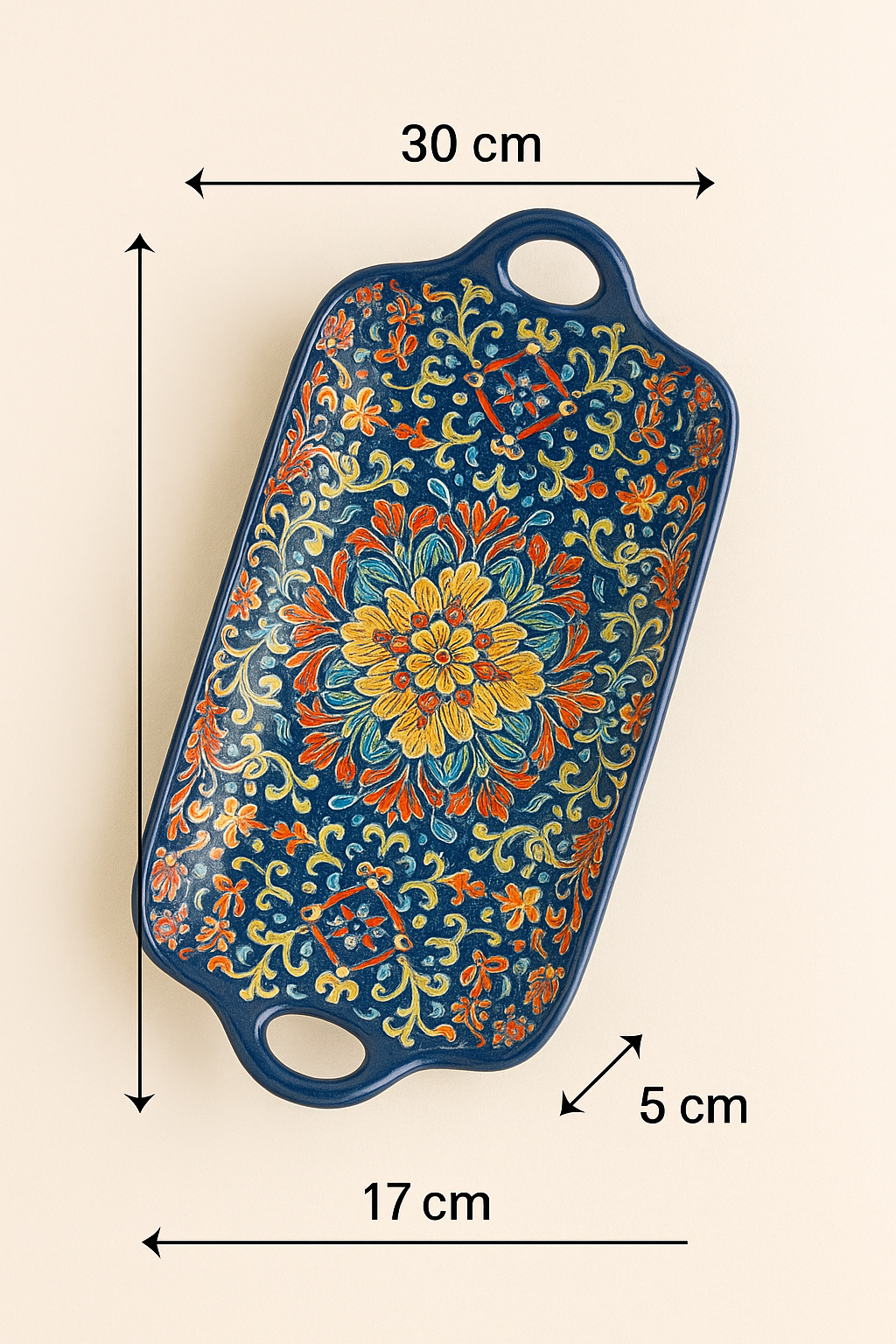 Handcrafted Blue Floral Ceramic Serving Tray – 30 x 17 x 5 cm