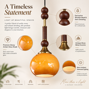 Amber Glass Pendant Light with Wooden Bead Detailing