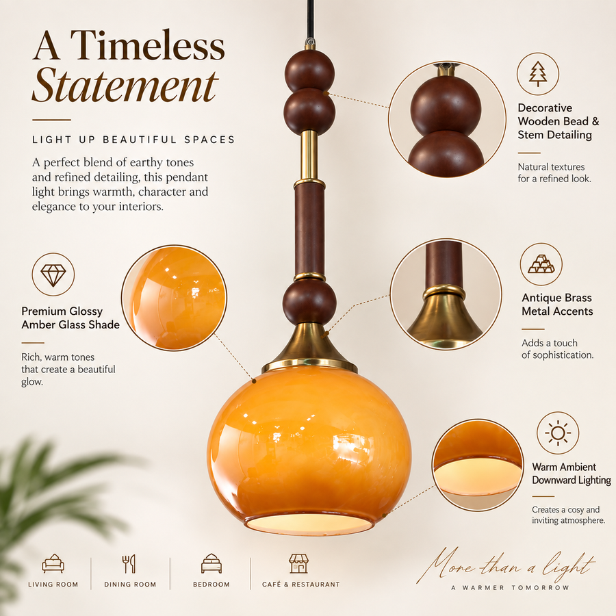 Amber Glass Pendant Light with Wooden Bead Detailing