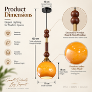 Amber Glass Pendant Light with Wooden Bead Detailing