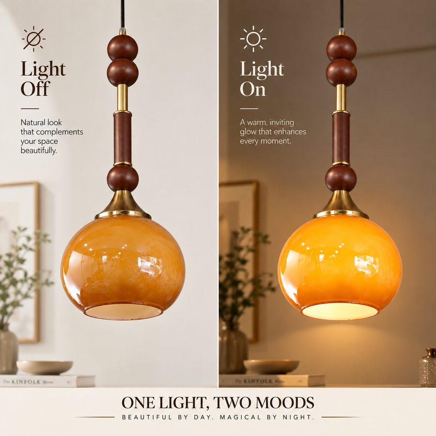 Amber Glass Pendant Light with Wooden Bead Detailing