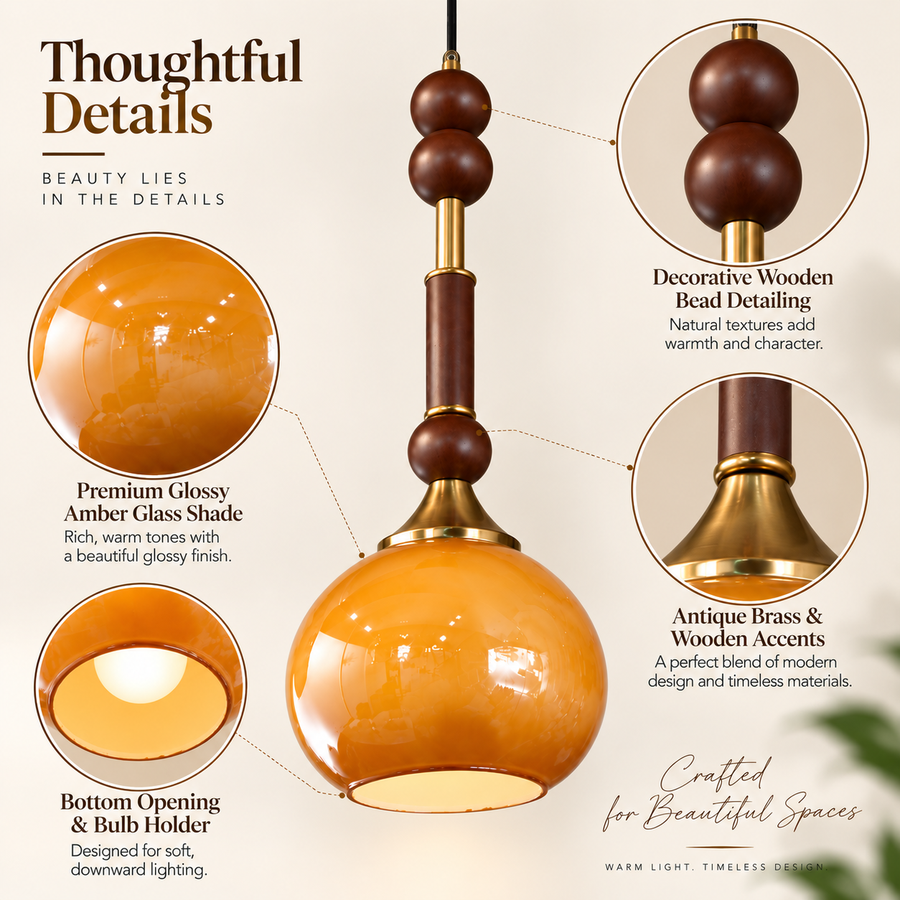 Amber Glass Pendant Light with Wooden Bead Detailing
