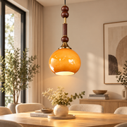 Amber Glass Pendant Light with Wooden Bead Detailing