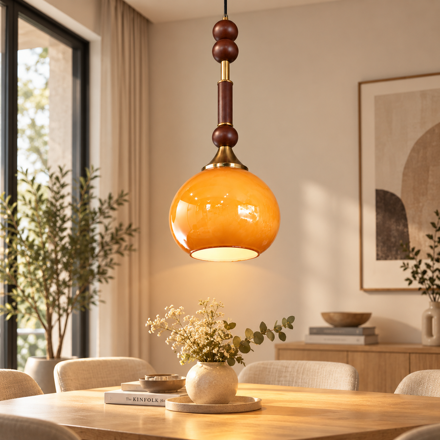 Amber Glass Pendant Light with Wooden Bead Detailing