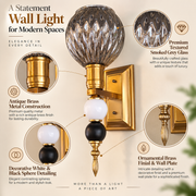 Decorative Smoked Grey Glass Wall Light with Antique Brass Finish