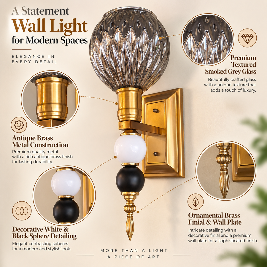 Decorative Smoked Grey Glass Wall Light with Antique Brass Finish