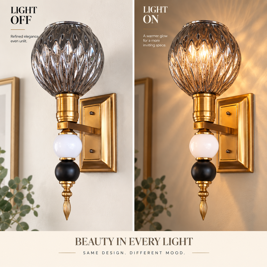 Decorative Smoked Grey Glass Wall Light with Antique Brass Finish