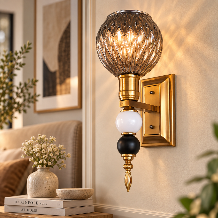 Decorative Smoked Grey Glass Wall Light with Antique Brass Finish