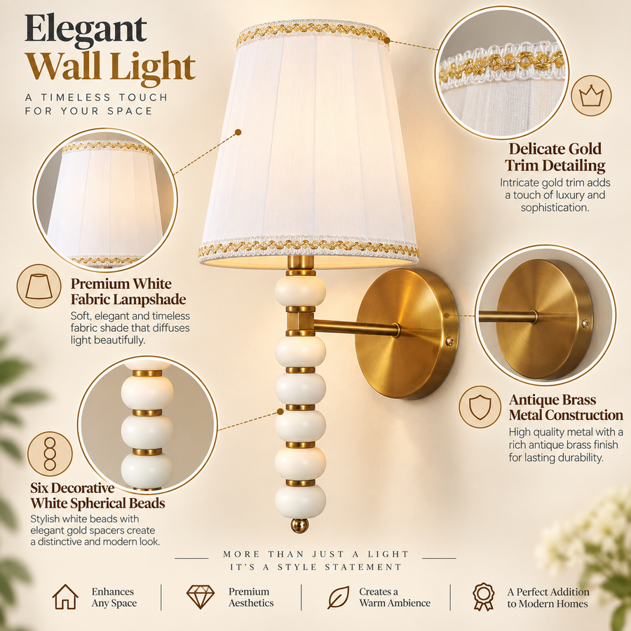 Coral Tree Decorative Wall Light with White Fabric Shade & Antique Brass Finish