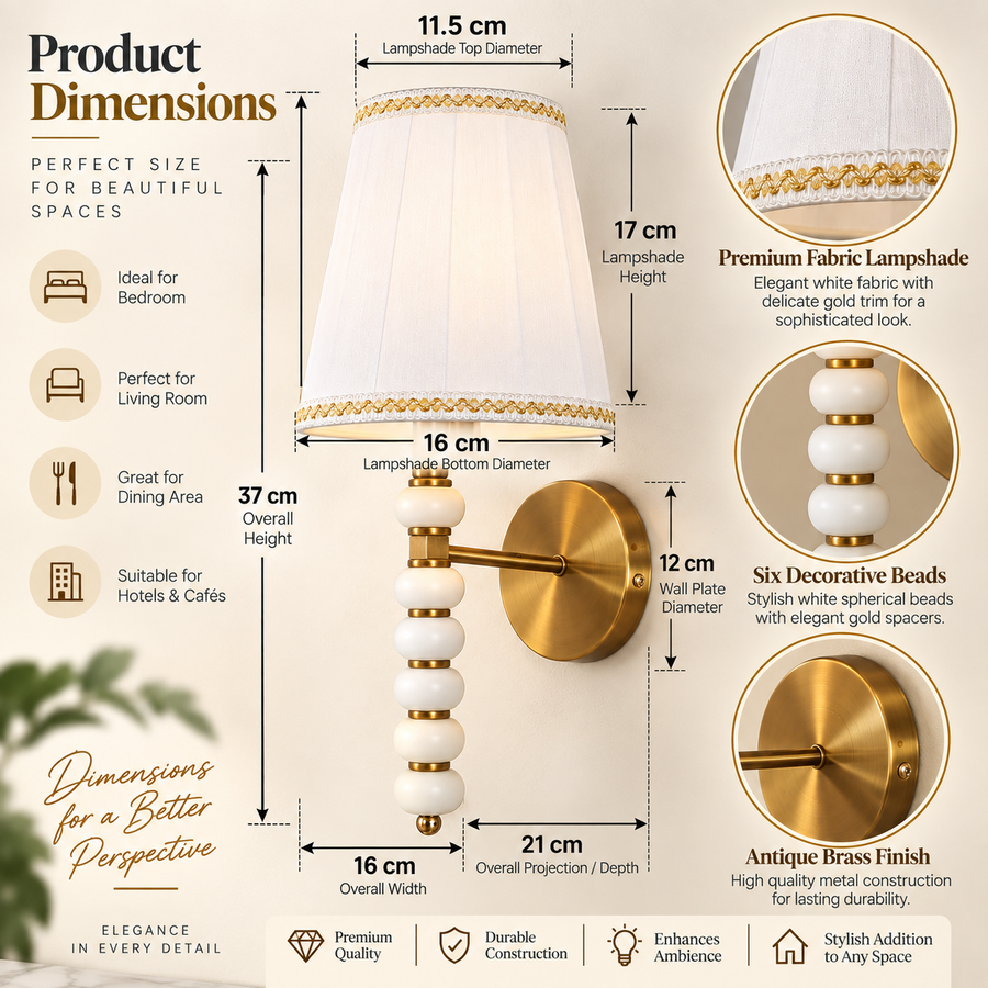 Coral Tree Decorative Wall Light with White Fabric Shade & Antique Brass Finish