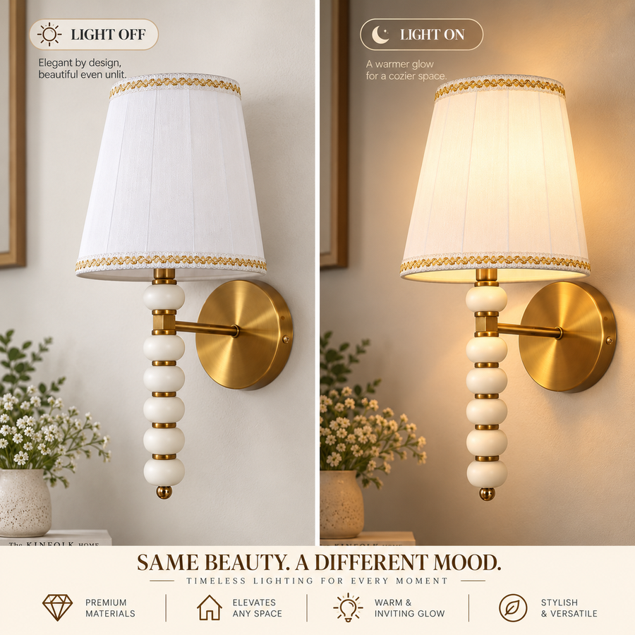 Coral Tree Decorative Wall Light with White Fabric Shade & Antique Brass Finish