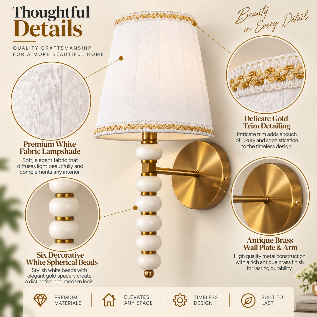 Coral Tree Decorative Wall Light with White Fabric Shade & Antique Brass Finish