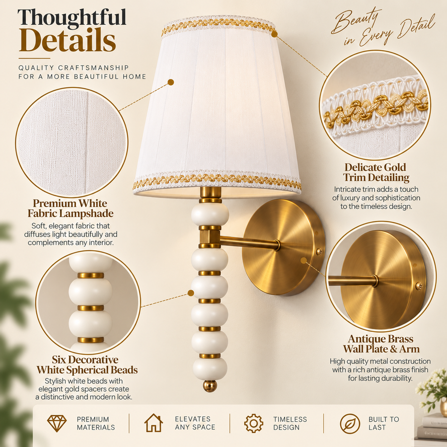Coral Tree Decorative Wall Light with White Fabric Shade & Antique Brass Finish