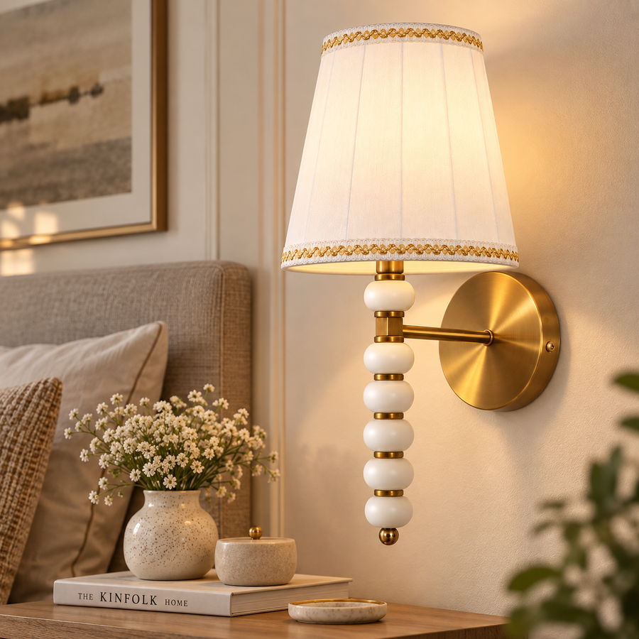 Coral Tree Decorative Wall Light with White Fabric Shade & Antique Brass Finish