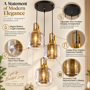 Modern 3-Light Clear Glass Pendant Chandelier with Gold Patterned Inner Shades