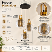 Modern 3-Light Clear Glass Pendant Chandelier with Gold Patterned Inner Shades