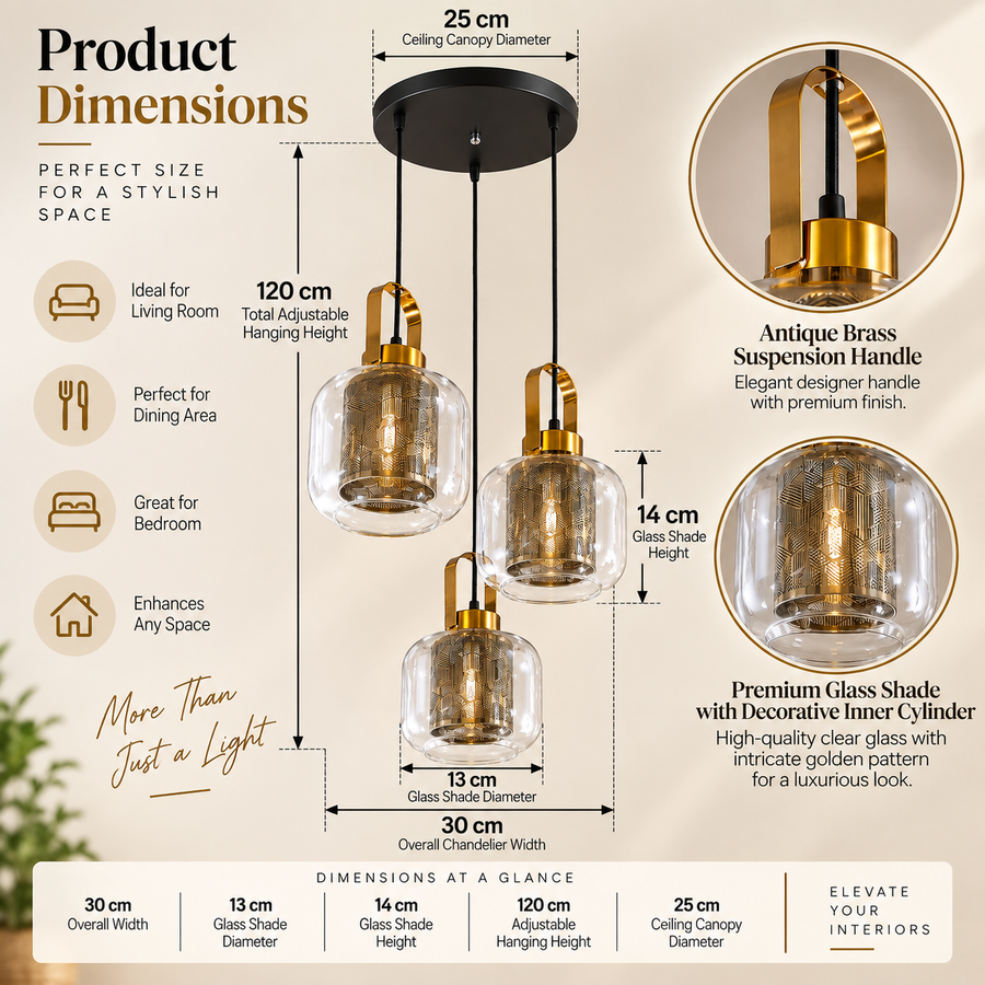 Modern 3-Light Clear Glass Pendant Chandelier with Gold Patterned Inner Shades
