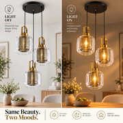 Modern 3-Light Clear Glass Pendant Chandelier with Gold Patterned Inner Shades