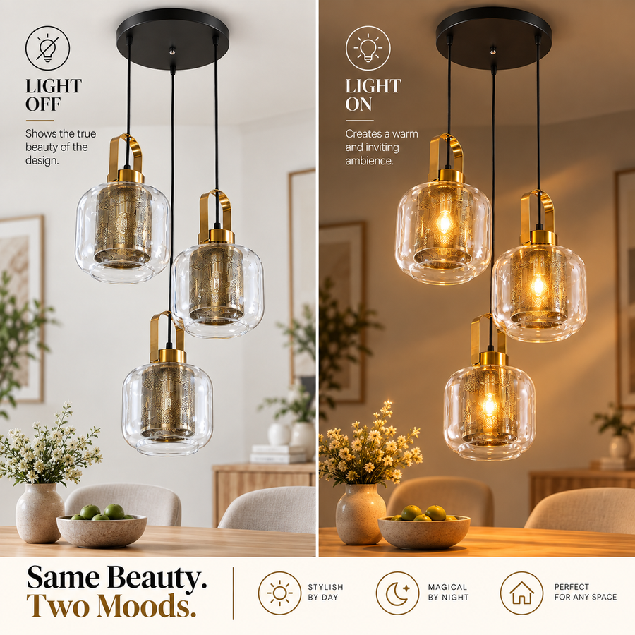 Modern 3-Light Clear Glass Pendant Chandelier with Gold Patterned Inner Shades