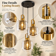 Modern 3-Light Clear Glass Pendant Chandelier with Gold Patterned Inner Shades