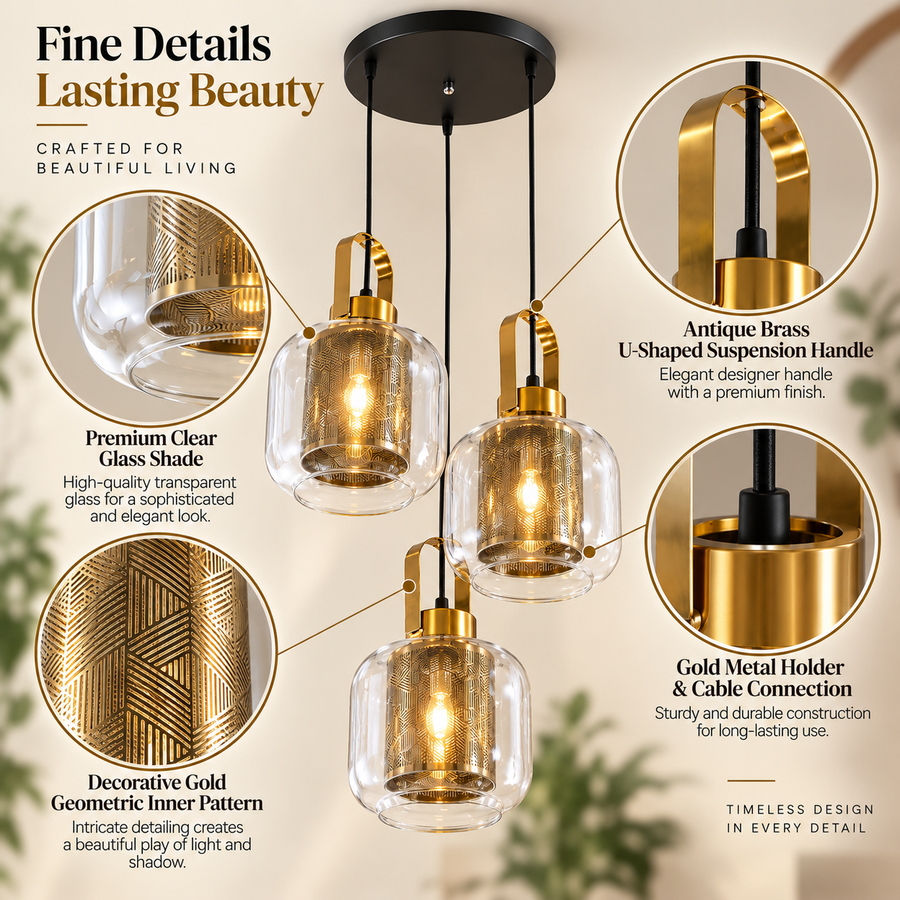 Modern 3-Light Clear Glass Pendant Chandelier with Gold Patterned Inner Shades