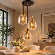 Modern 3-Light Clear Glass Pendant Chandelier with Gold Patterned Inner Shades