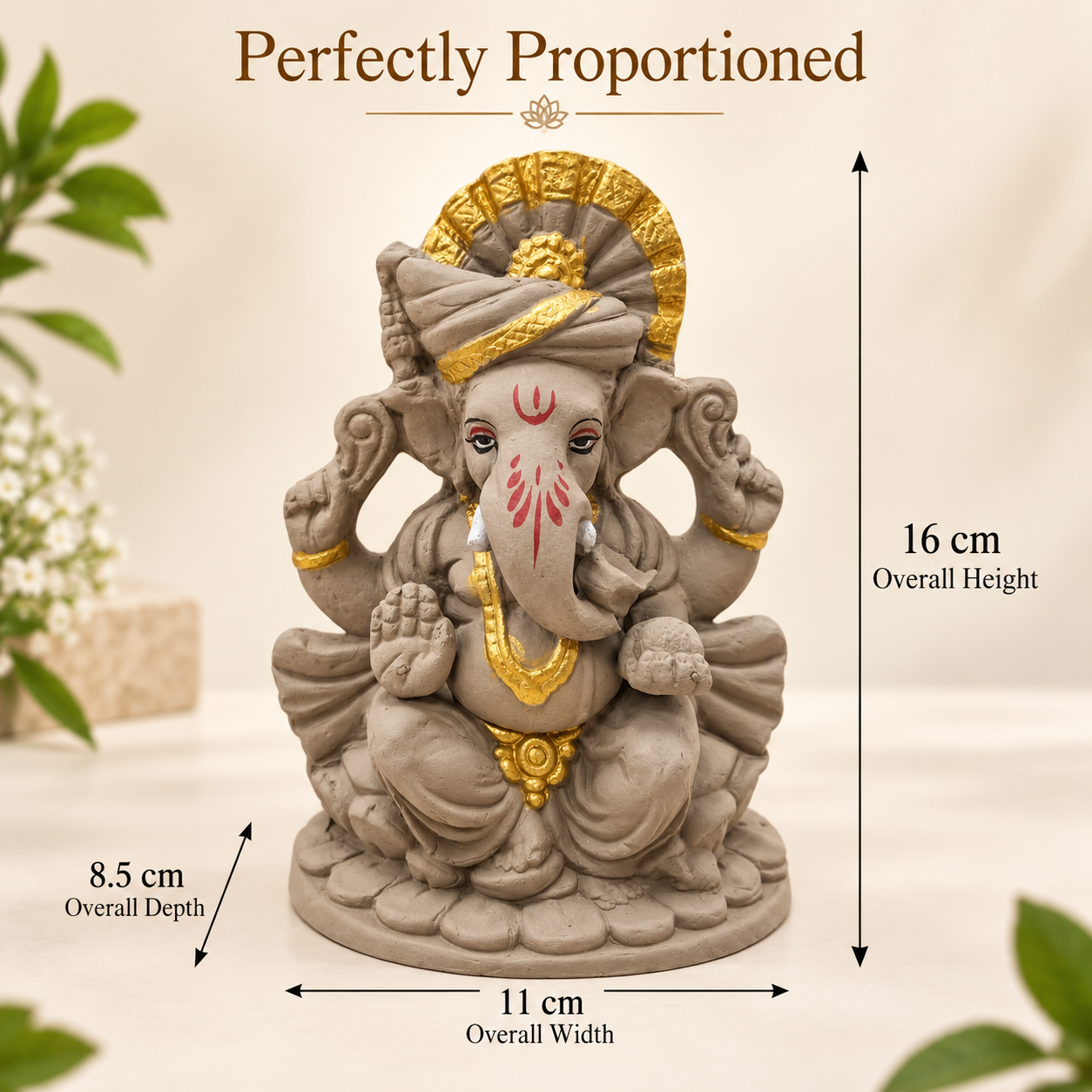 Coral Tree Eco-Friendly Lord Ganesha   6 inch Idol for Ganesh Chaturthi, Handcrafted Clay Ganpati Murti with Antique Gold Accents