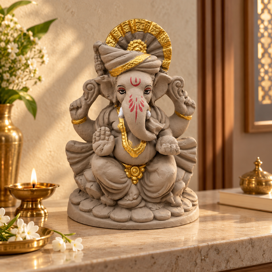Coral Tree Eco-Friendly Lord Ganesha   6 inch Idol for Ganesh Chaturthi, Handcrafted Clay Ganpati Murti with Antique Gold Accents