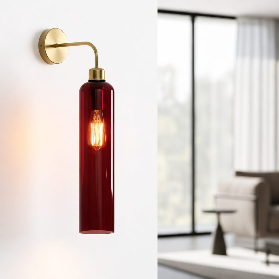 Modern Brass Wall Light with T30 Tube Bulb | Cylindrical Glass Designer Sconce | H56 × W10 × D21 cm | Warm Ambient Lighting