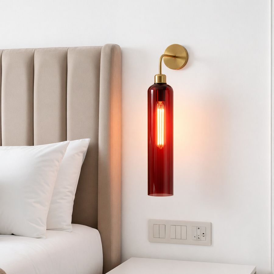 Modern Brass Wall Light with T30 Tube Bulb | Cylindrical Glass Designer Sconce | H56 × W10 × D21 cm | Warm Ambient Lighting