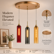 Coral Tree 3-Light Modern Glass Pendant Chandelier | Red Blue Amber Shades | Gold Round Ceiling Plate | Adjustable Hanging Light