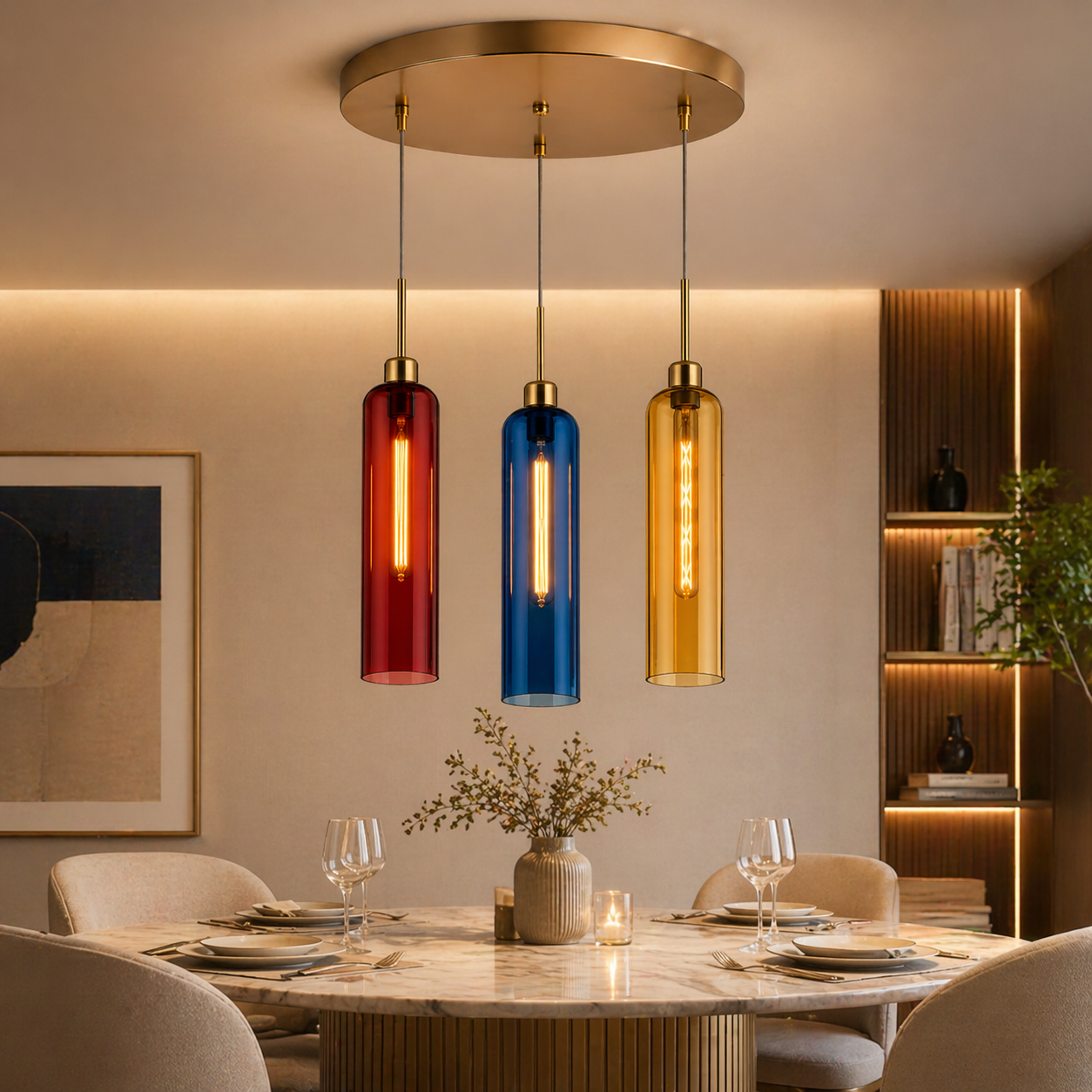 Coral Tree 3-Light Modern Glass Pendant Chandelier | Red Blue Amber Shades | Gold Round Ceiling Plate | Adjustable Hanging Light