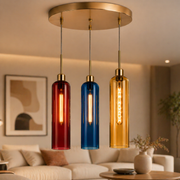 Coral Tree 3-Light Modern Glass Pendant Chandelier | Red Blue Amber Shades | Gold Round Ceiling Plate | Adjustable Hanging Light
