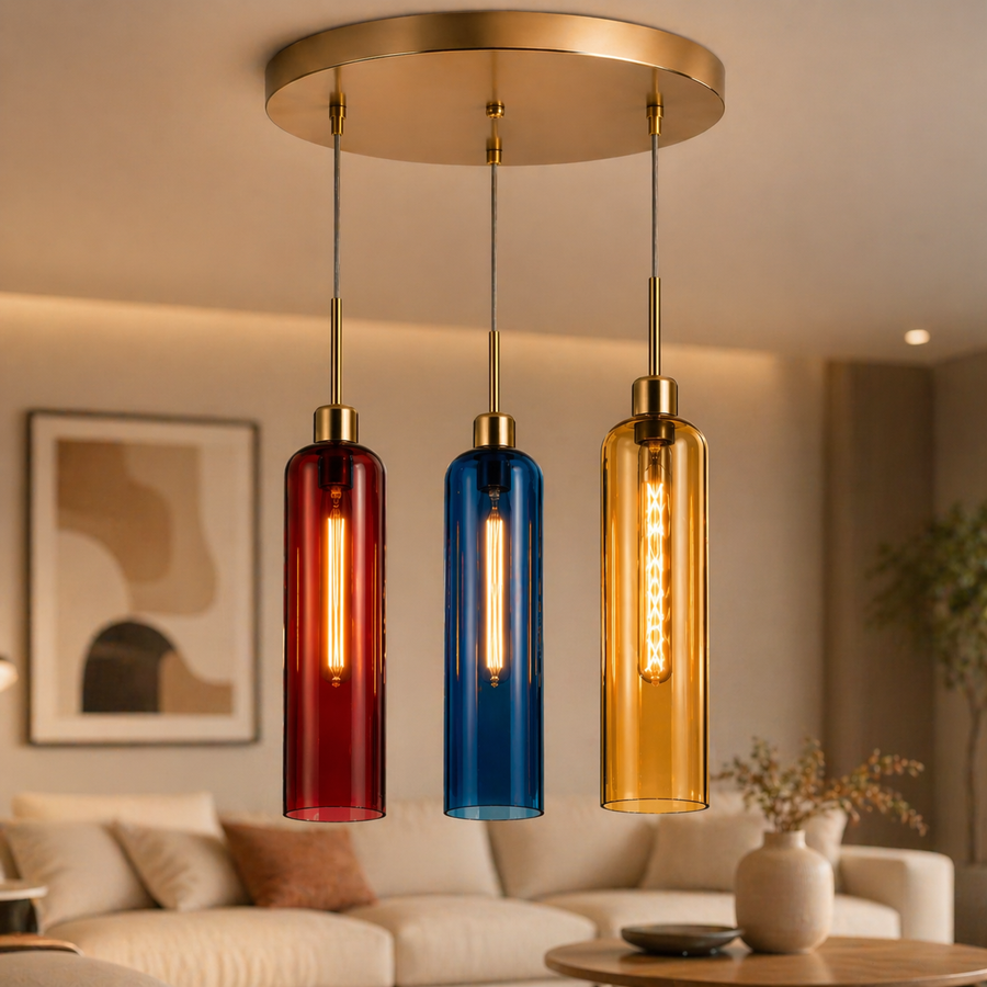 Coral Tree 3-Light Modern Glass Pendant Chandelier | Red Blue Amber Shades | Gold Round Ceiling Plate | Adjustable Hanging Light