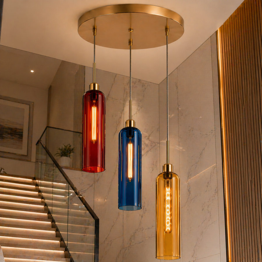 Coral Tree 3-Light Modern Glass Pendant Chandelier | Red Blue Amber Shades | Gold Round Ceiling Plate | Adjustable Hanging Light