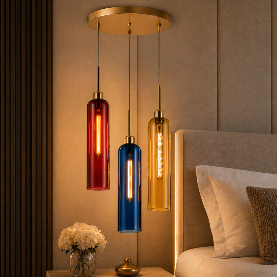 Coral Tree 3-Light Modern Glass Pendant Chandelier | Red Blue Amber Shades | Gold Round Ceiling Plate | Adjustable Hanging Light