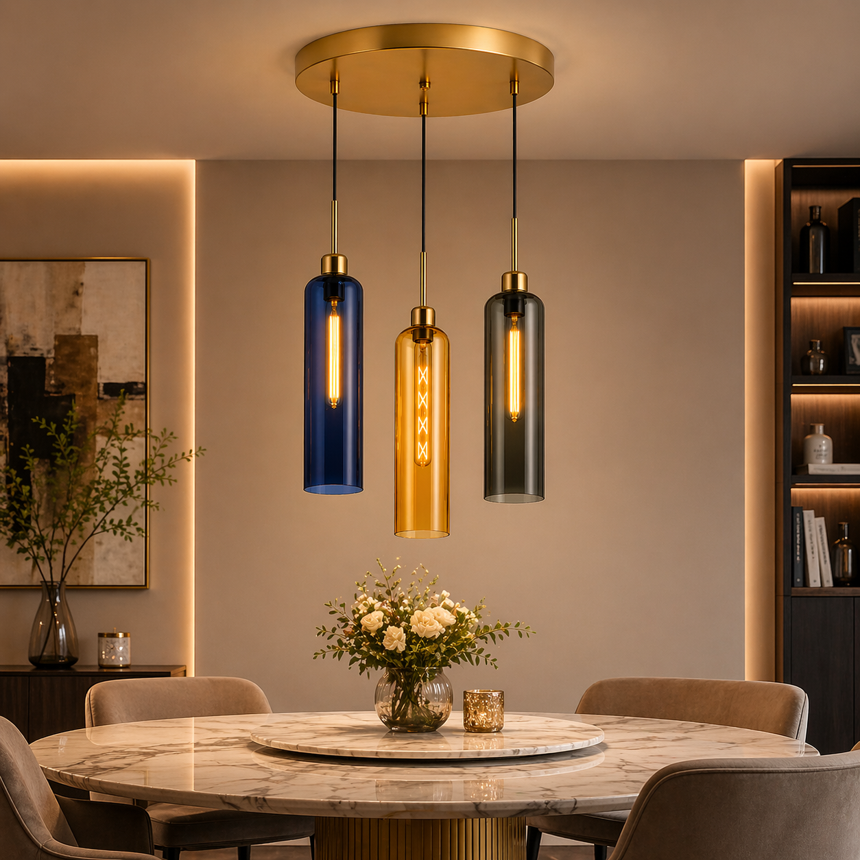 Coral Tree 3-Light Modern Glass Pendant Chandelier | Blue Amber Smoke Shades | Gold Round Ceiling Plate | Adjustable Hanging Light