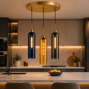 Coral Tree 3-Light Modern Glass Pendant Chandelier | Blue Amber Smoke Shades | Gold Round Ceiling Plate | Adjustable Hanging Light