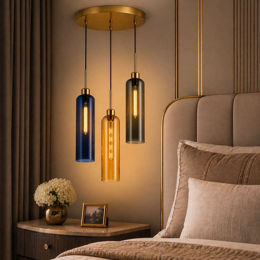Coral Tree 3-Light Modern Glass Pendant Chandelier | Blue Amber Smoke Shades | Gold Round Ceiling Plate | Adjustable Hanging Light