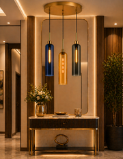 Coral Tree 3-Light Modern Glass Pendant Chandelier | Blue Amber Smoke Shades | Gold Round Ceiling Plate | Adjustable Hanging Light