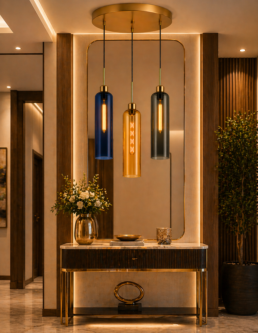 Coral Tree 3-Light Modern Glass Pendant Chandelier | Blue Amber Smoke Shades | Gold Round Ceiling Plate | Adjustable Hanging Light