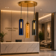 Coral Tree 3-Light Modern Glass Pendant Chandelier | Blue Amber Smoke Shades | Gold Round Ceiling Plate | Adjustable Hanging Light