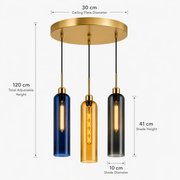 Coral Tree 3-Light Modern Glass Pendant Chandelier | Blue Amber Smoke Shades | Gold Round Ceiling Plate | Adjustable Hanging Light